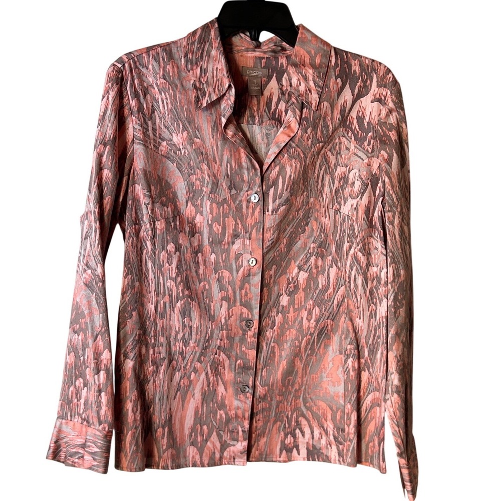 Chicos Size 1 Button Front‎ Long Sleeve Shirt Coral Gray Abstract Print